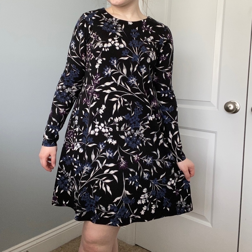 LOFT Black Dress with Blue & Purple Flowers